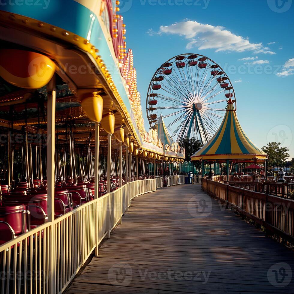 Carousel and ferris wheel shining under summer sky in amusement park photo