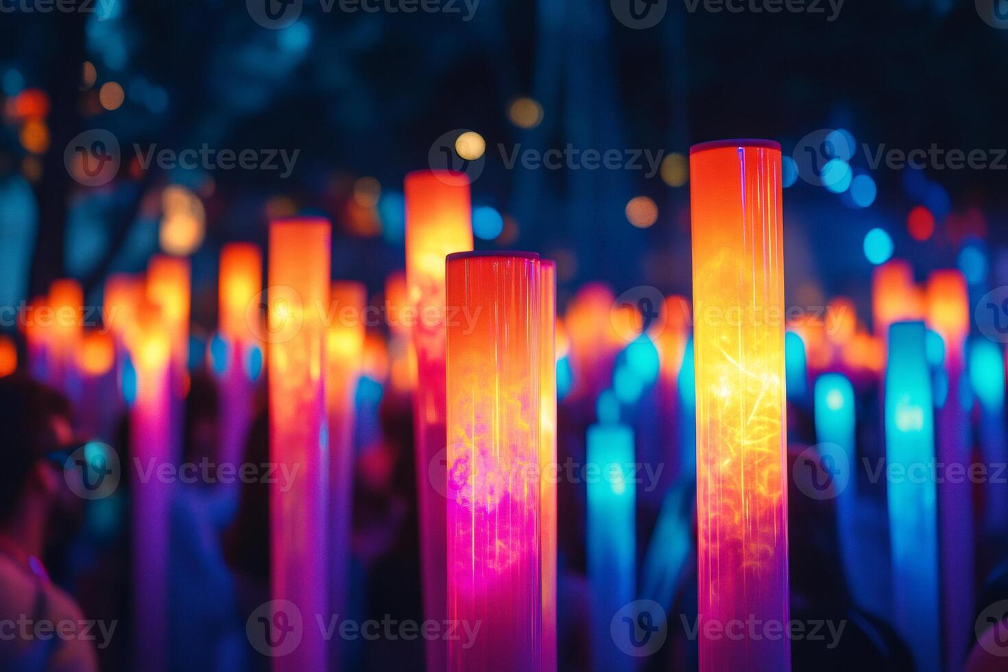 Colorful light tubes illuminating night festival crowd photo