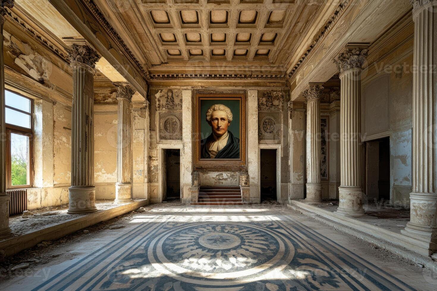 Portrait hanging in abandoned ballroom with columns photo