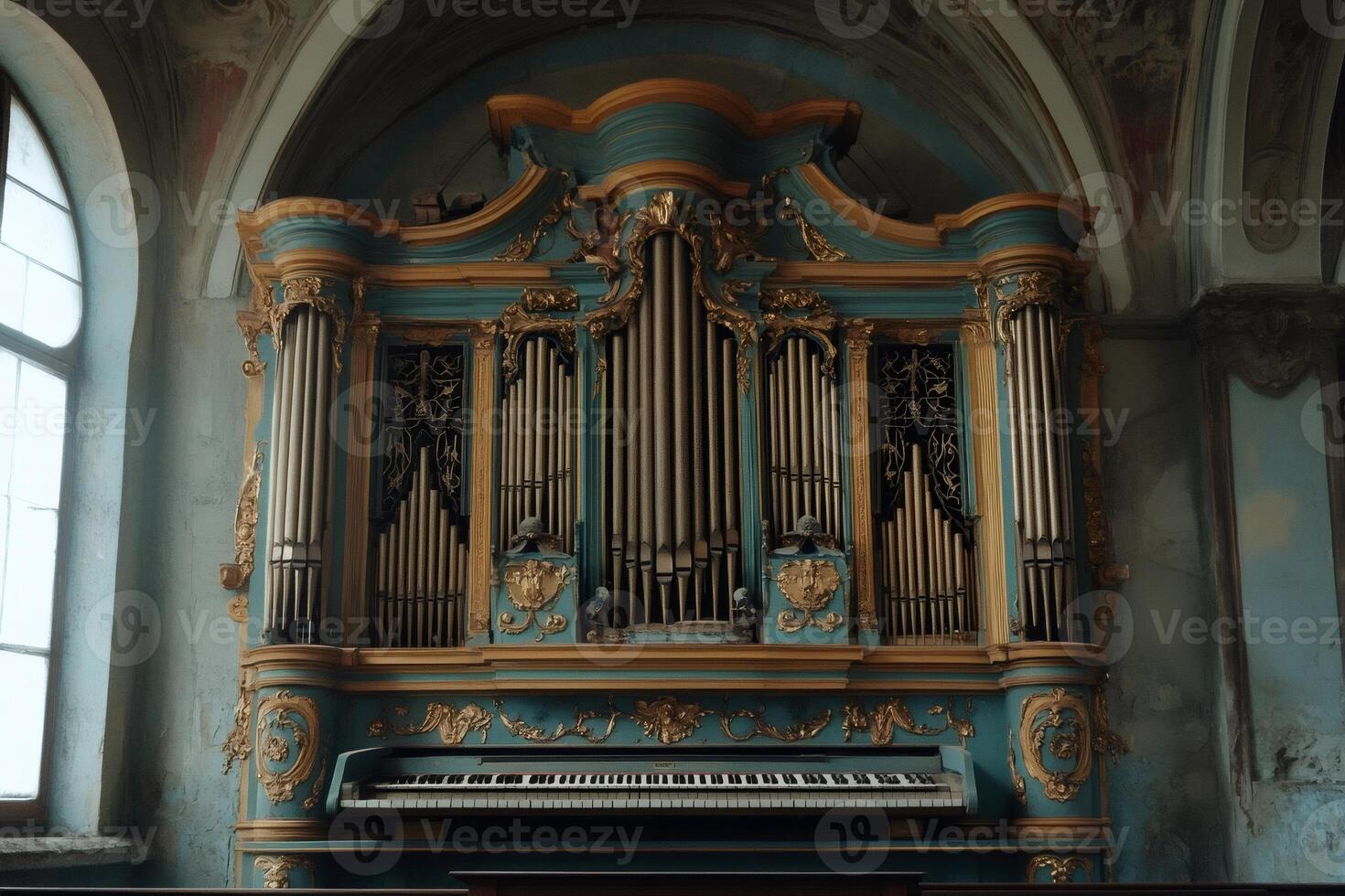 Majestic pipe organ standing in abandoned church setting photo