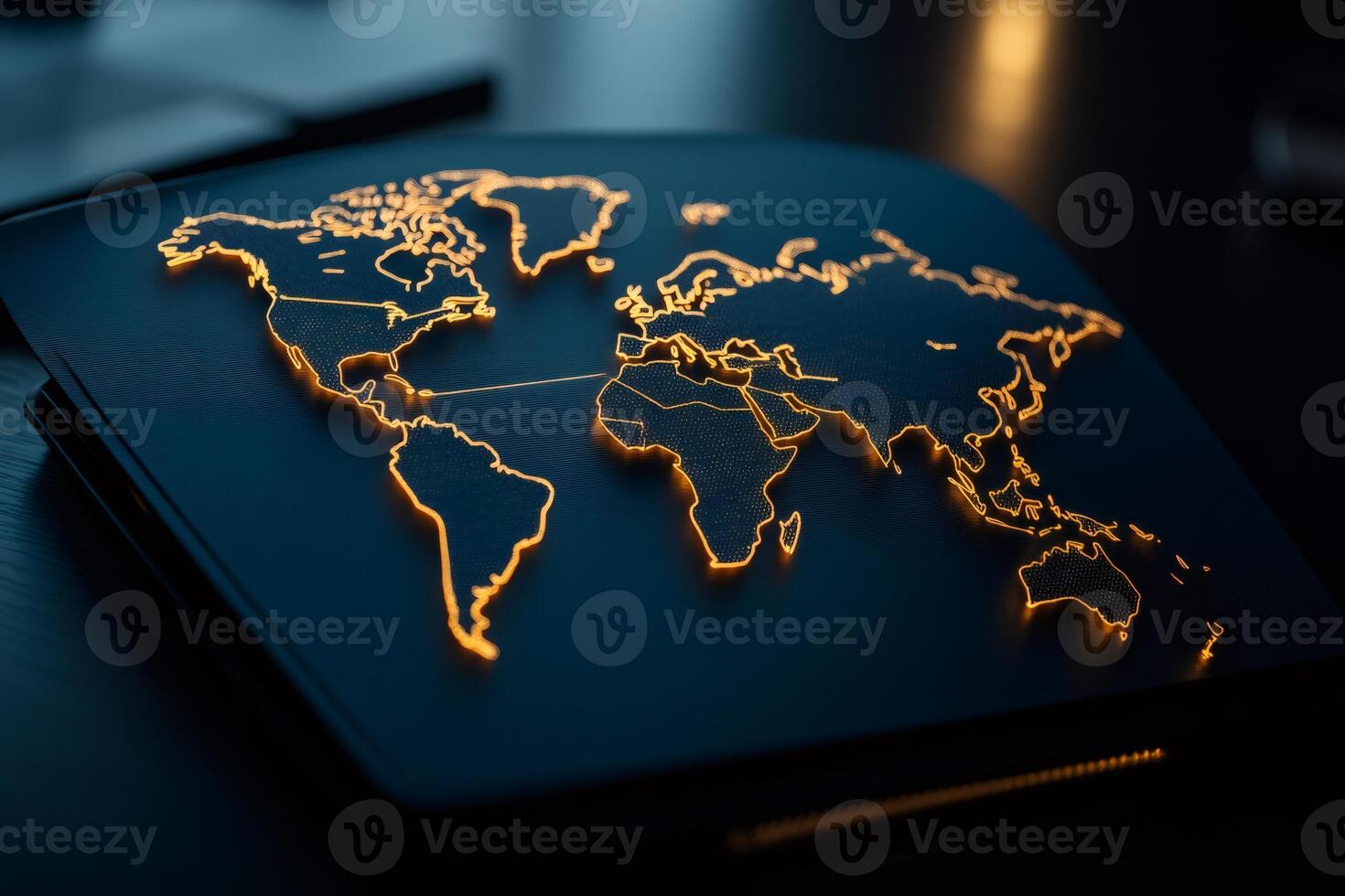 Glowing world map showing international connections and global networks photo