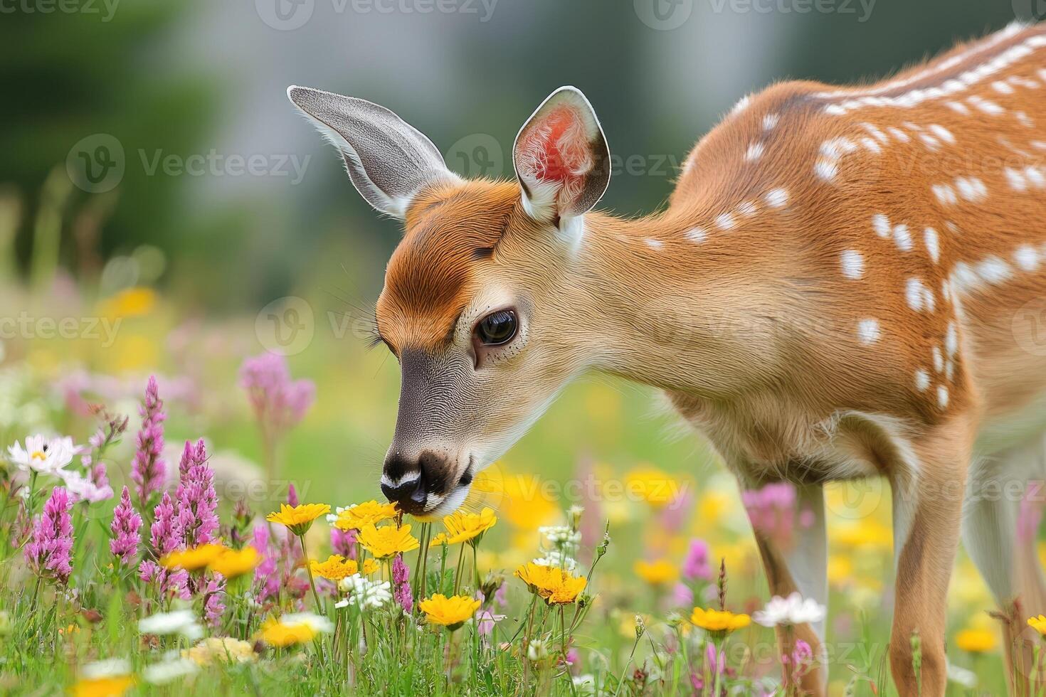 White tailed deer fawn smelling flowers in a meadow photo