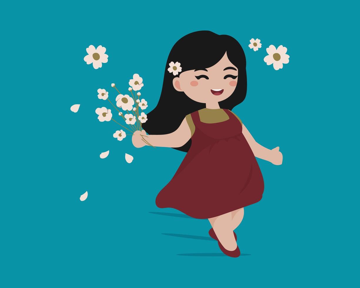 Cute Girl Carrying a bouquet of Flower vector