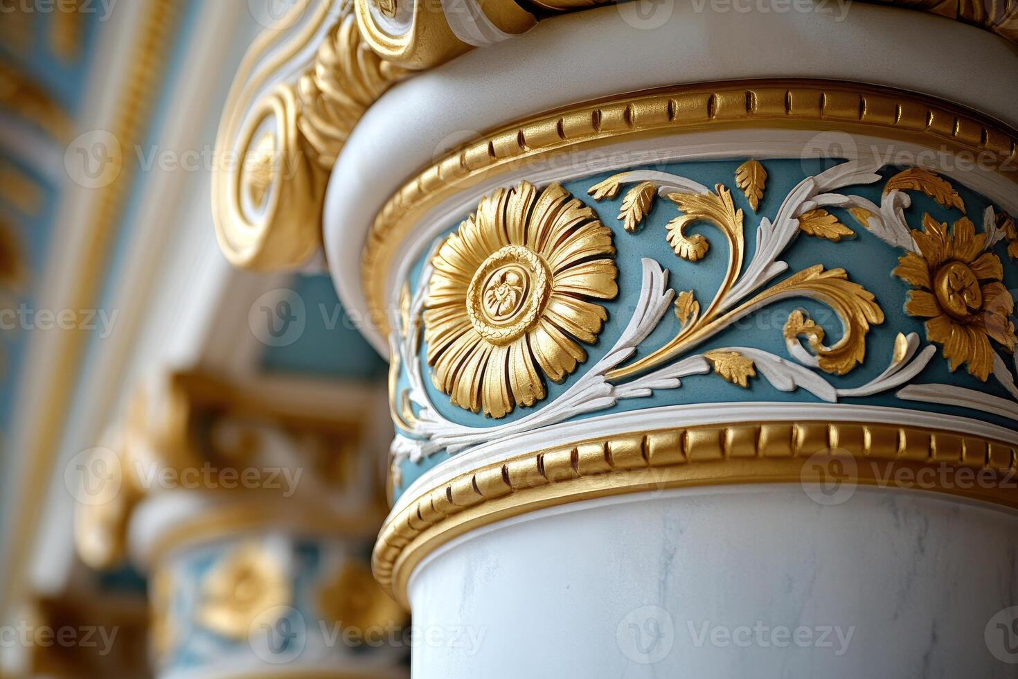 Elegant detail showing golden floral ornaments on architectural column photo