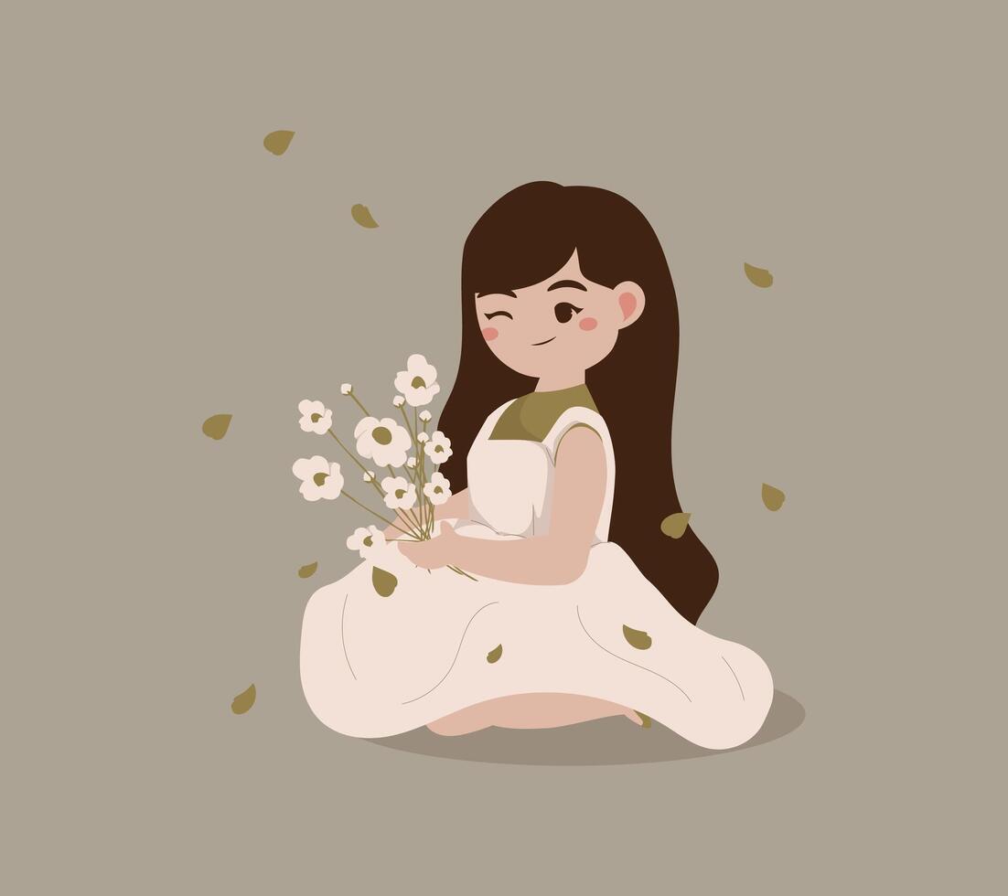 Cute Girl Cartoon holding a bouquet of flower vector