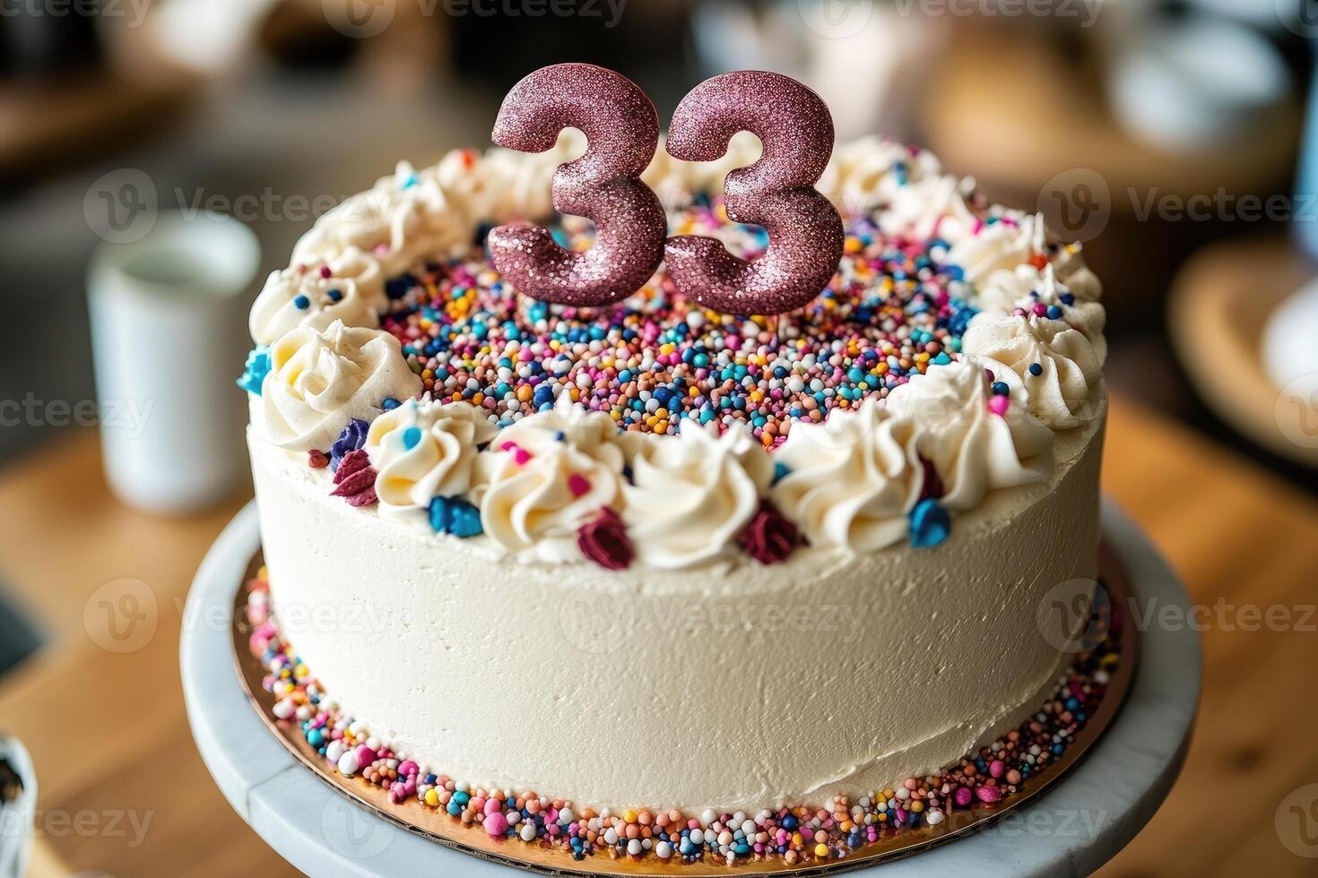 Delicious cake celebrating 33 years with sprinkles and frosting photo