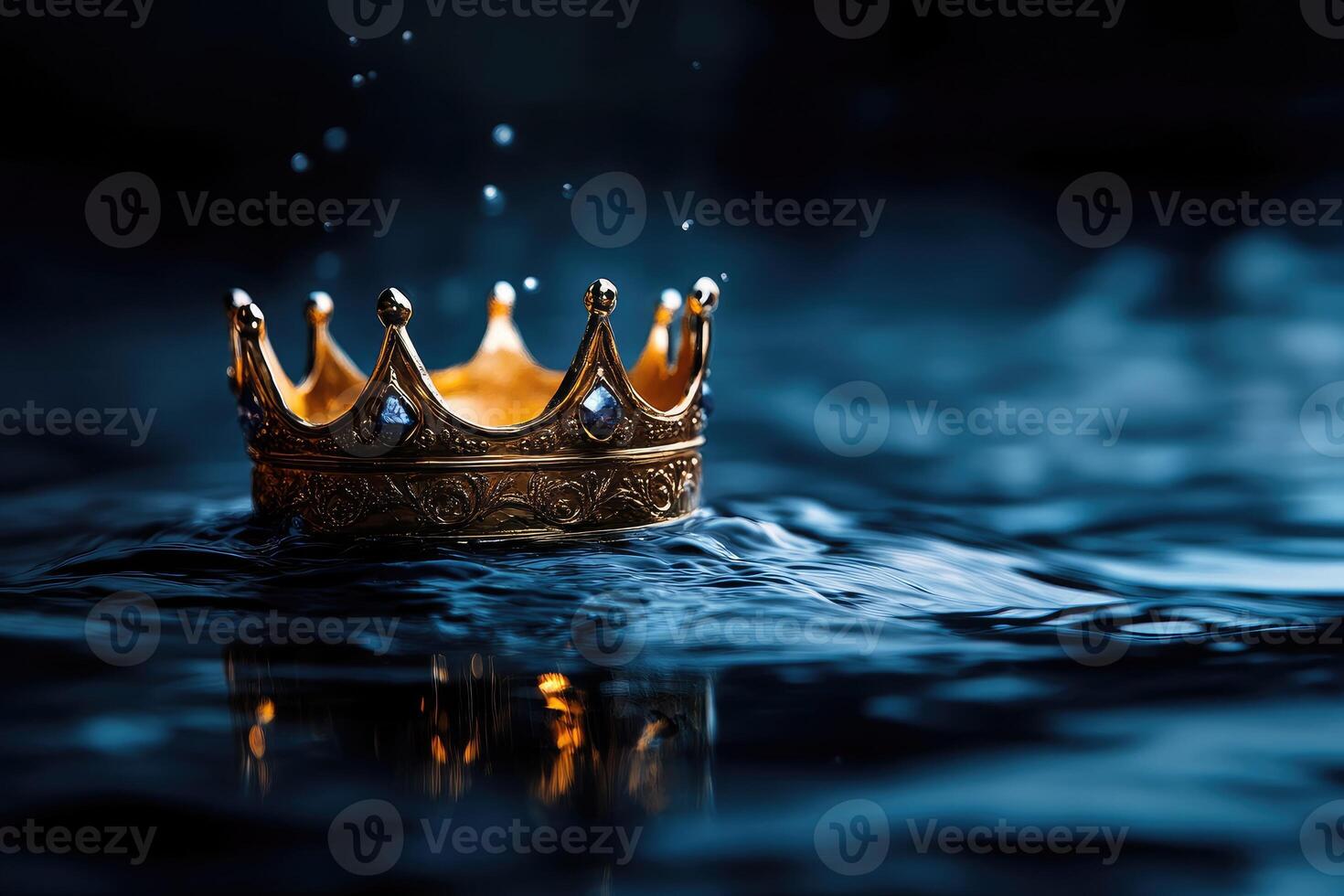 Golden crown emerging from dark water with blue reflections photo