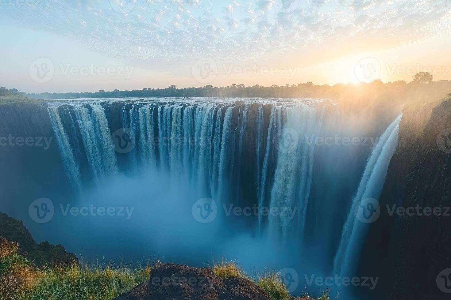 Victoria falls creating mist during golden hour sunrise photo