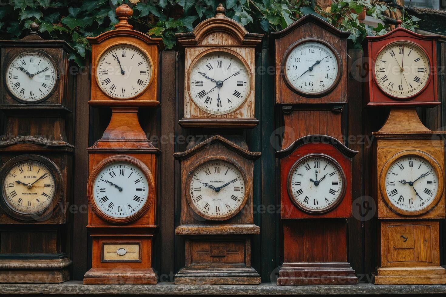Antique clocks showing different times stand on shelf photo