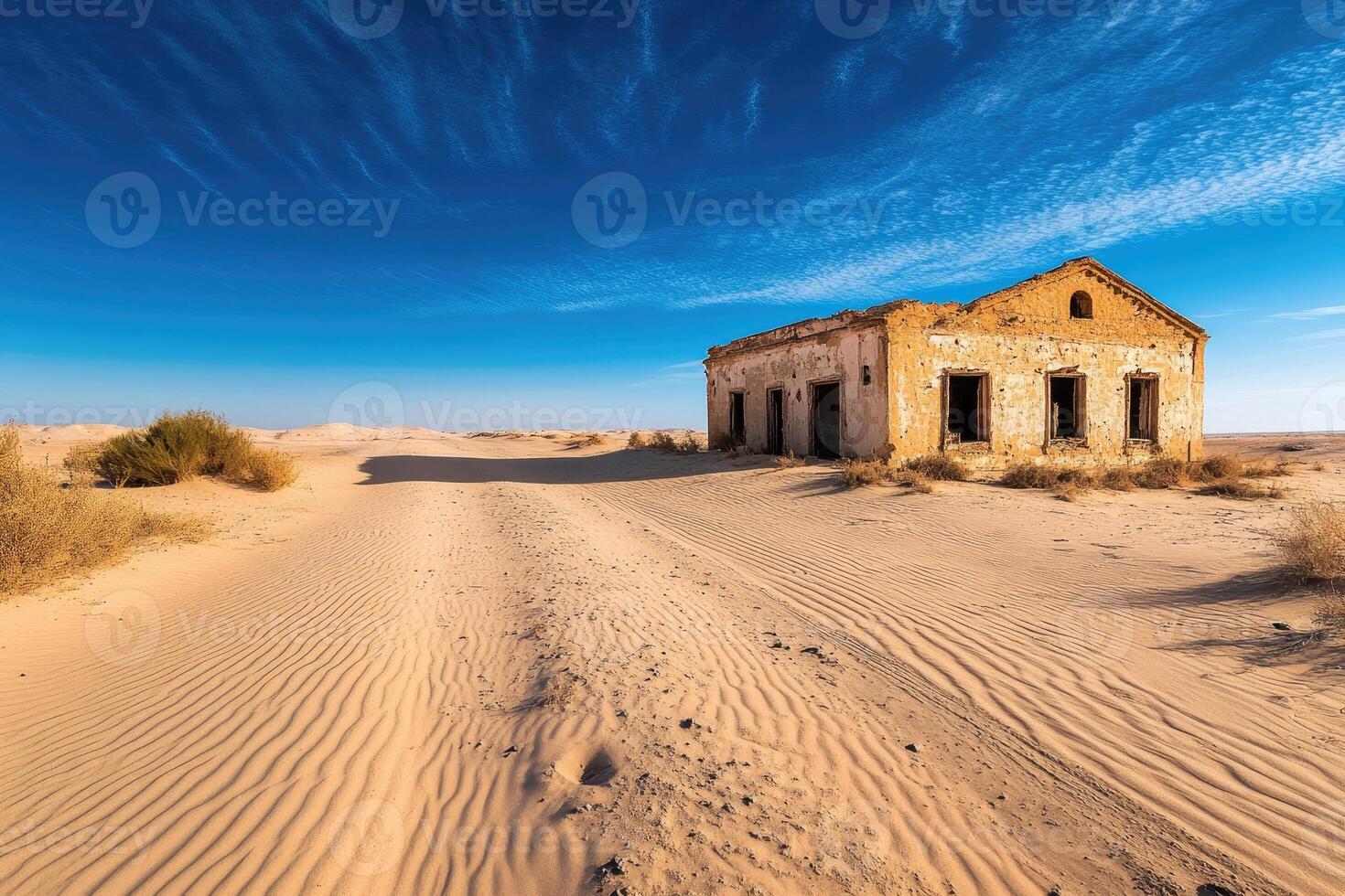 Abandoned building slowly disappearing into the desert sands photo
