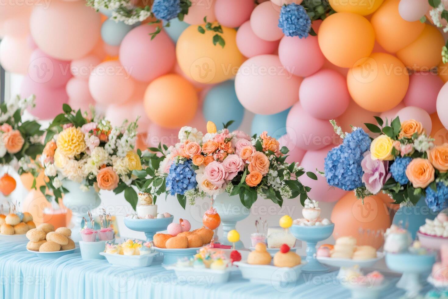 Delicious treats and colorful balloons decorating a festive party table photo
