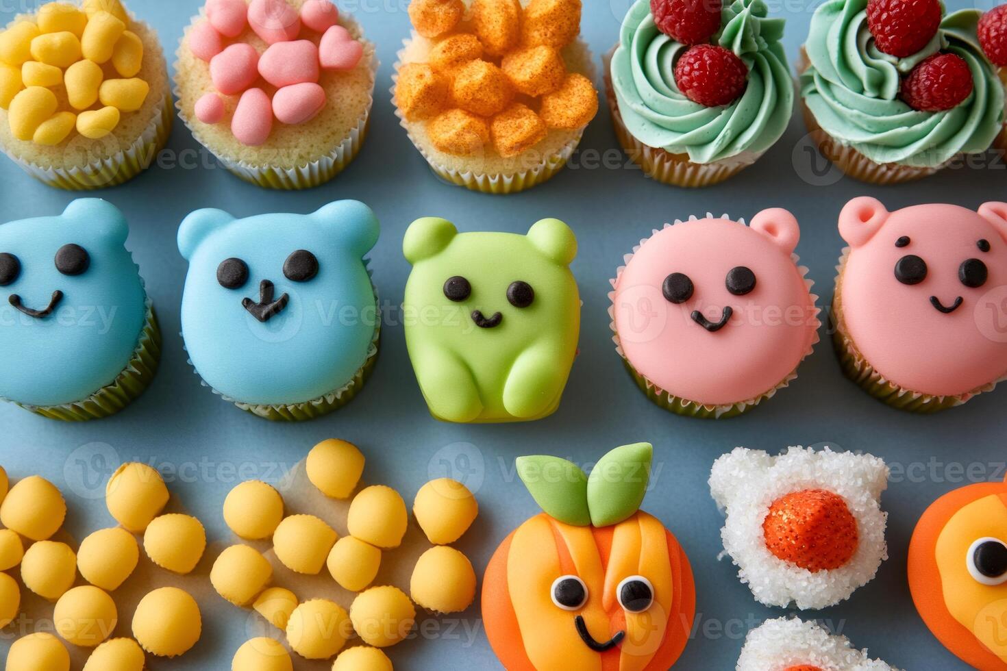 Delicious cupcakes making funny faces and decorated with colorful candy and frosting are looking tasty on a blue background photo