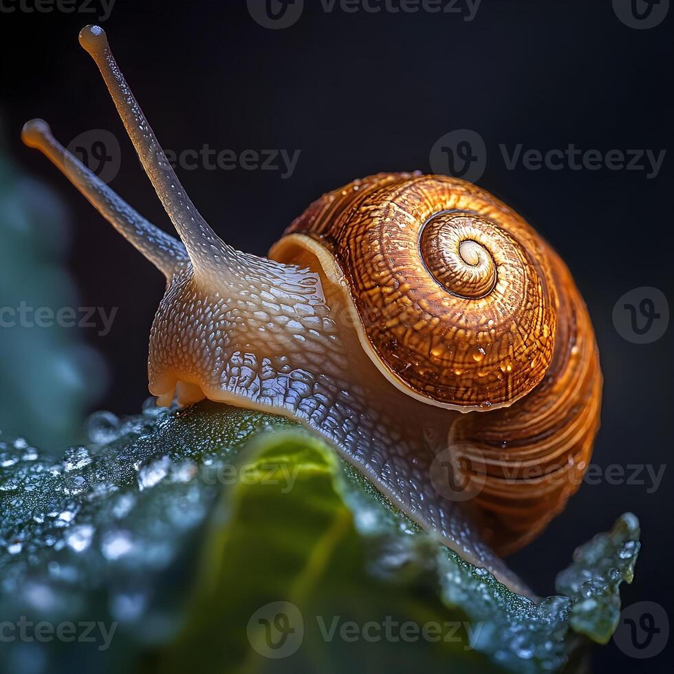 Snail crawling on a wet leaf with water drops in close up view showing its spiral shell photo