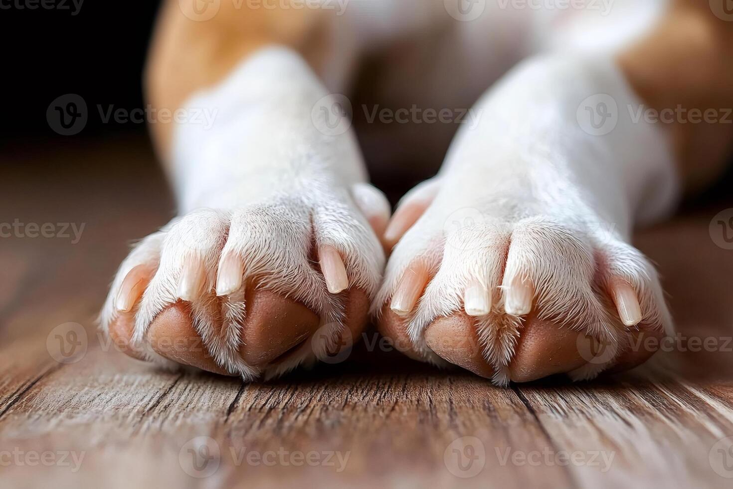Paws and claws resting on wooden floor, dog's close up photo