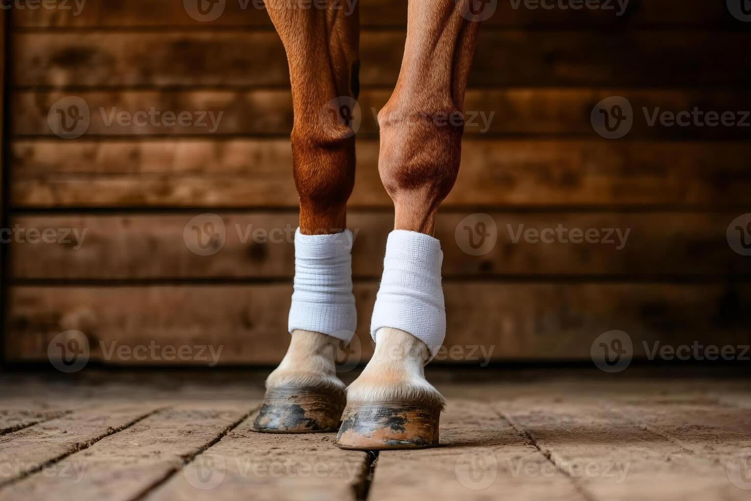 Horse legs with white protective boots standing in stable photo