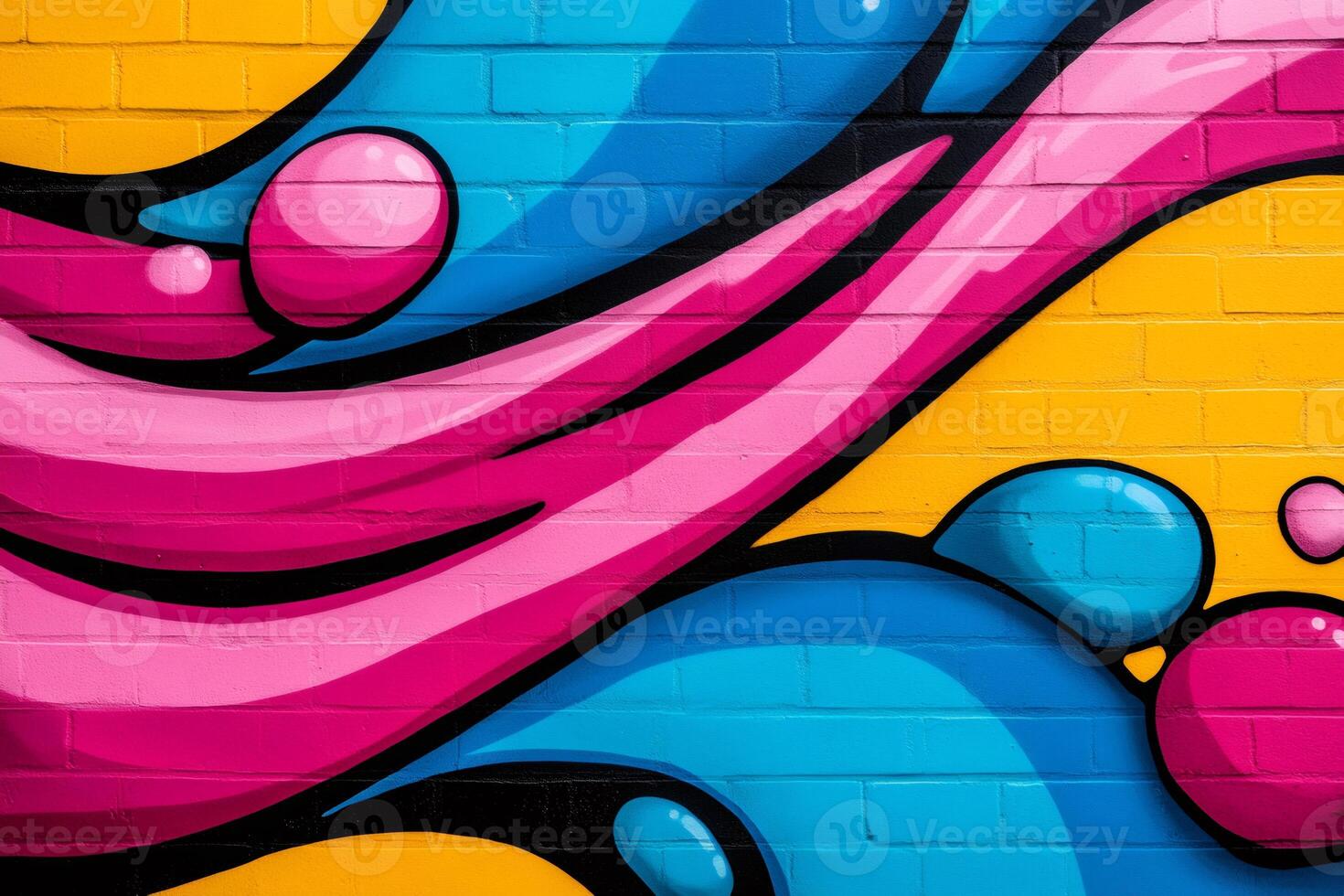 Vibrant graffiti art transforming a brick wall with bold colors and dynamic shapes photo