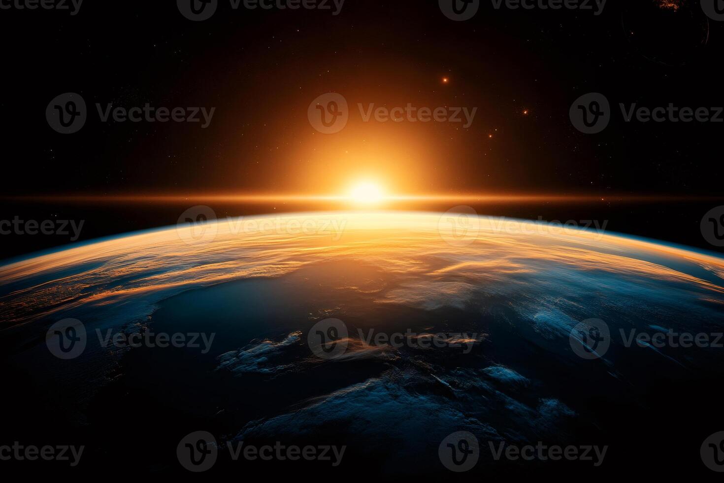Planet earth rotating showing sunrise in space with orange glow and stars photo