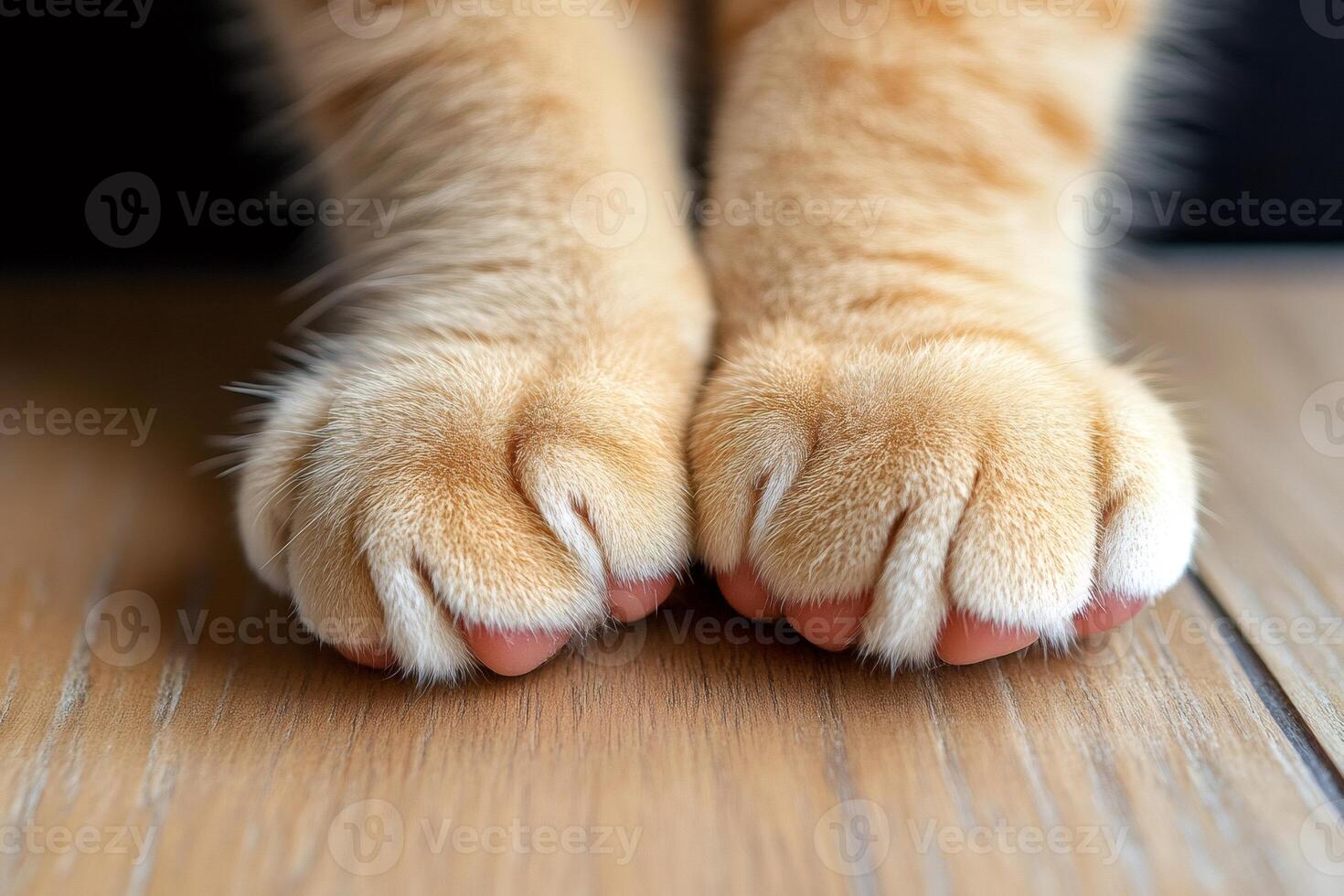 Close up ginger cat paws resting on wooden floor photo