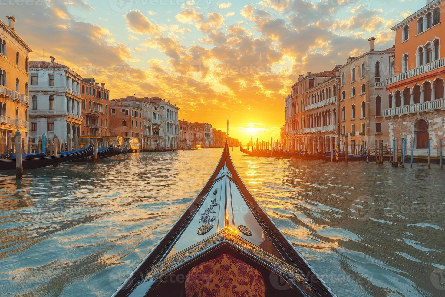 Gondola sailing on grand canal during golden hour in venice photo