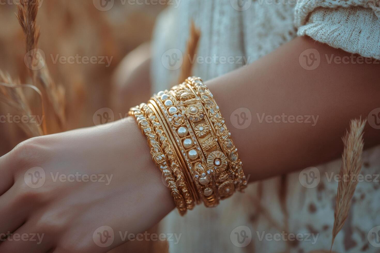 Woman wearing golden bracelets with pearls in a wheat field photo