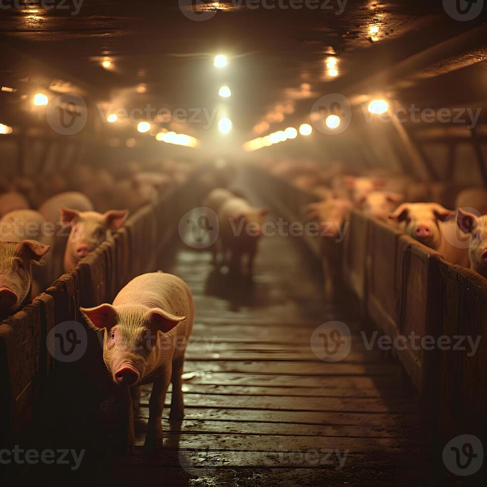 Pig standing in a pigsty looking at the camera surrounded by other pigs photo