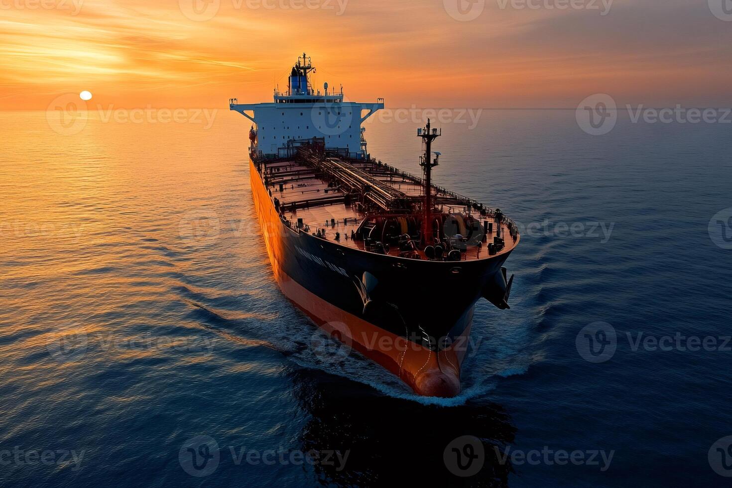 Large crude oil tanker sailing on calm ocean at sunset photo