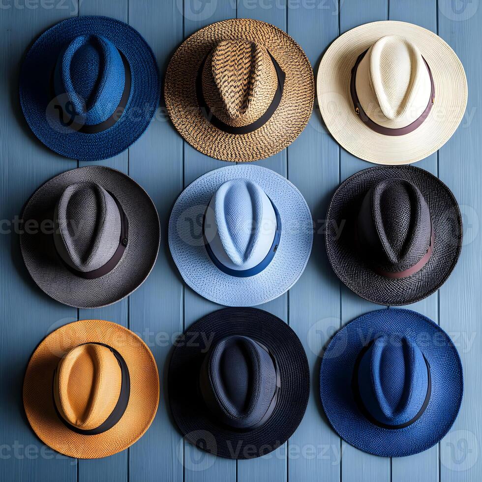 Nine panama hats hanging on blue wooden wall, representing diversity and style photo