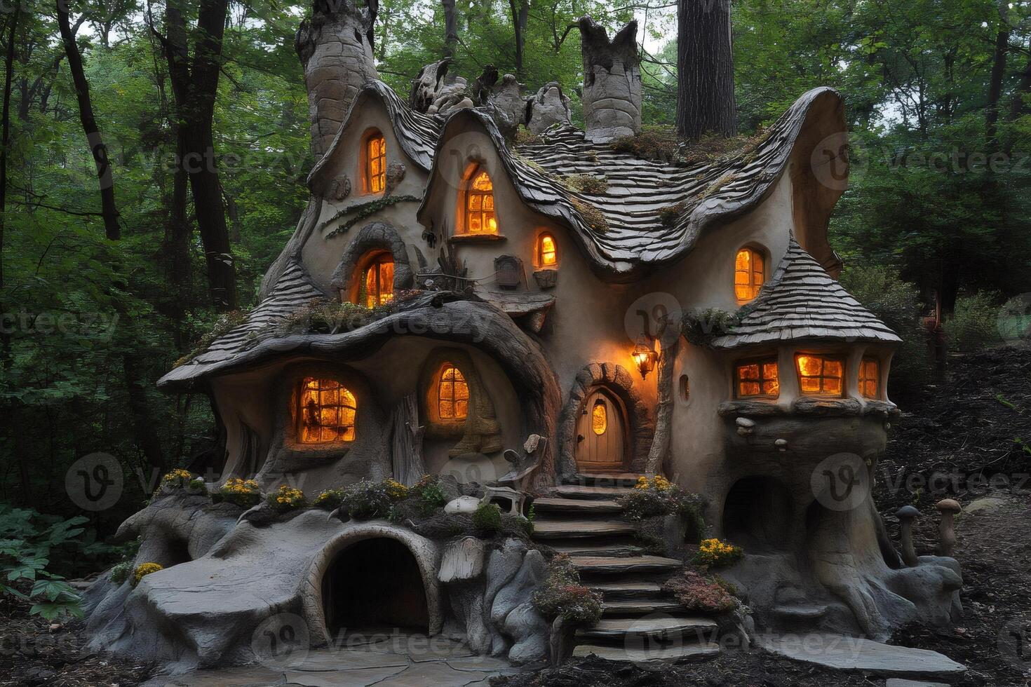 Fairytale mushroom house emerging from enchanted forest at twilight photo