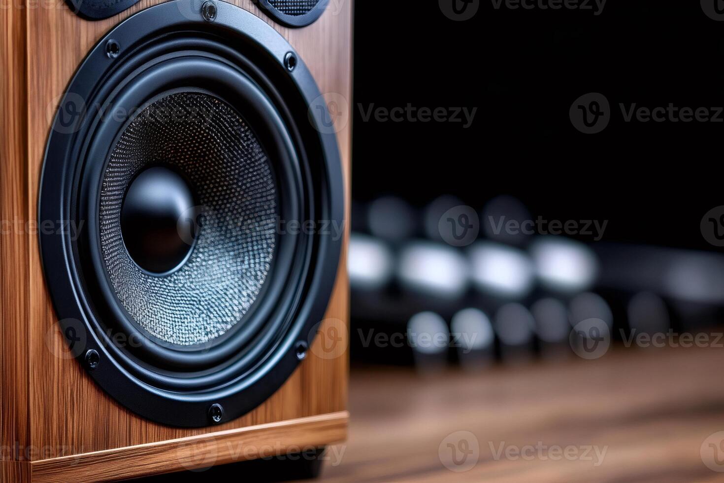 Wooden loudspeaker reproducing sound on blurred background photo