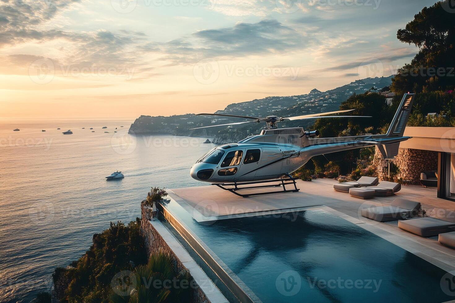 Helicopter landed on helipad of luxury villa by infinity pool during sunset photo