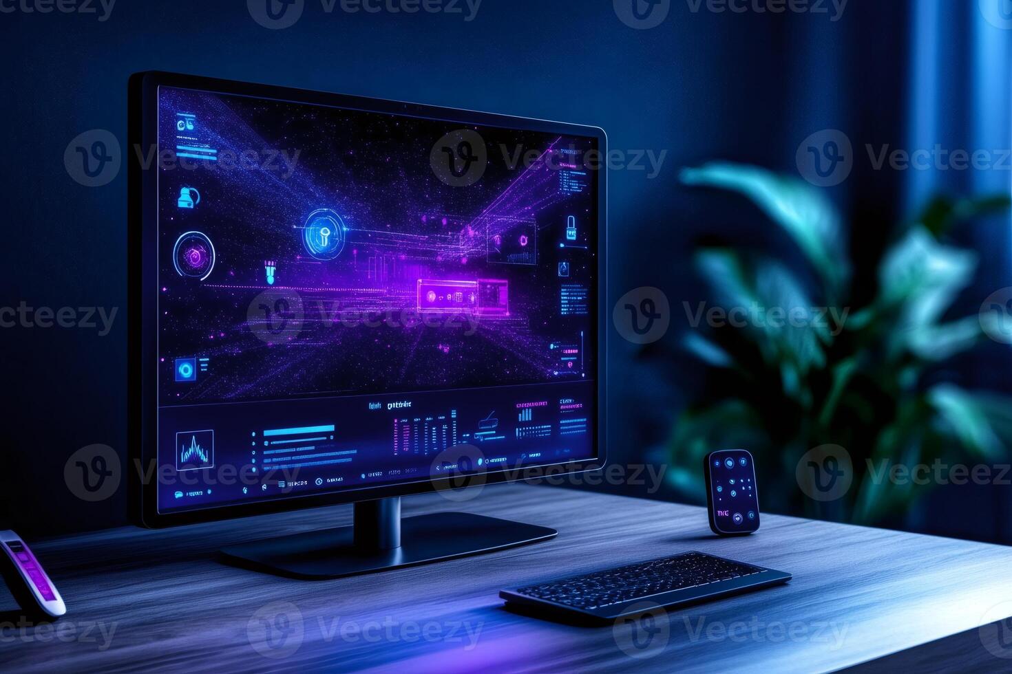 Futuristic interface displaying complex data analysis on a computer screen in a dark room photo