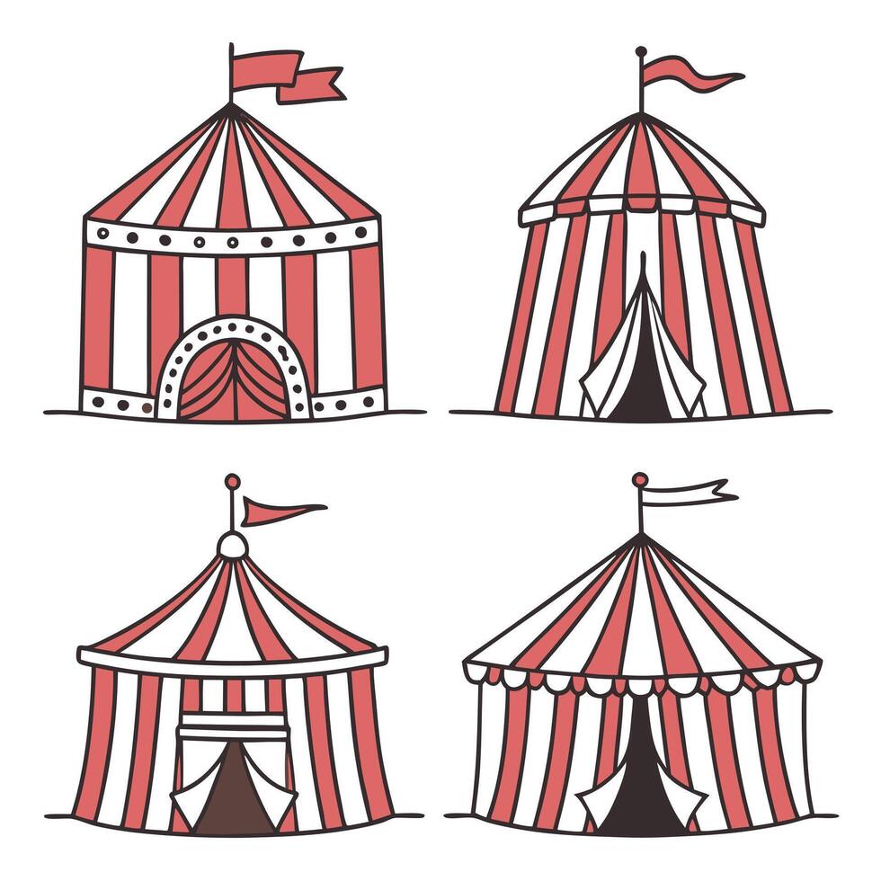 Collection of red and white striped circus tents with flags vector