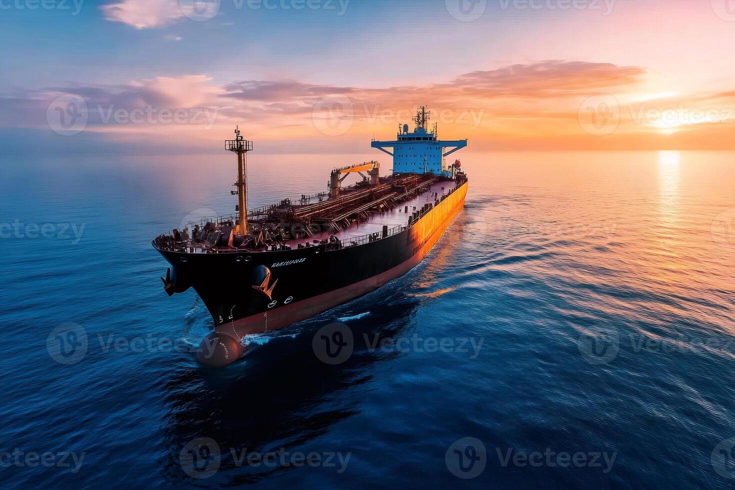 Large cargo ship sailing on calm ocean at sunset photo