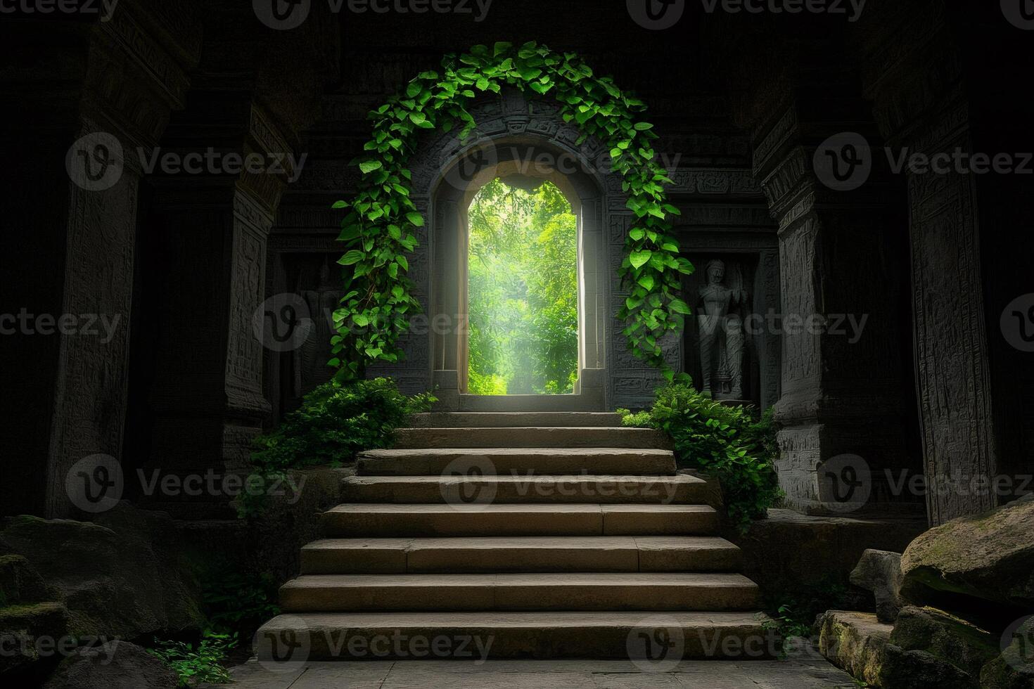 Stone staircase leading to bright green forest through arched doorway photo