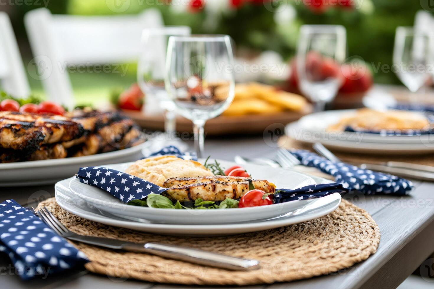 Outdoor summer party table setting featuring grilled chicken and festive decorations photo