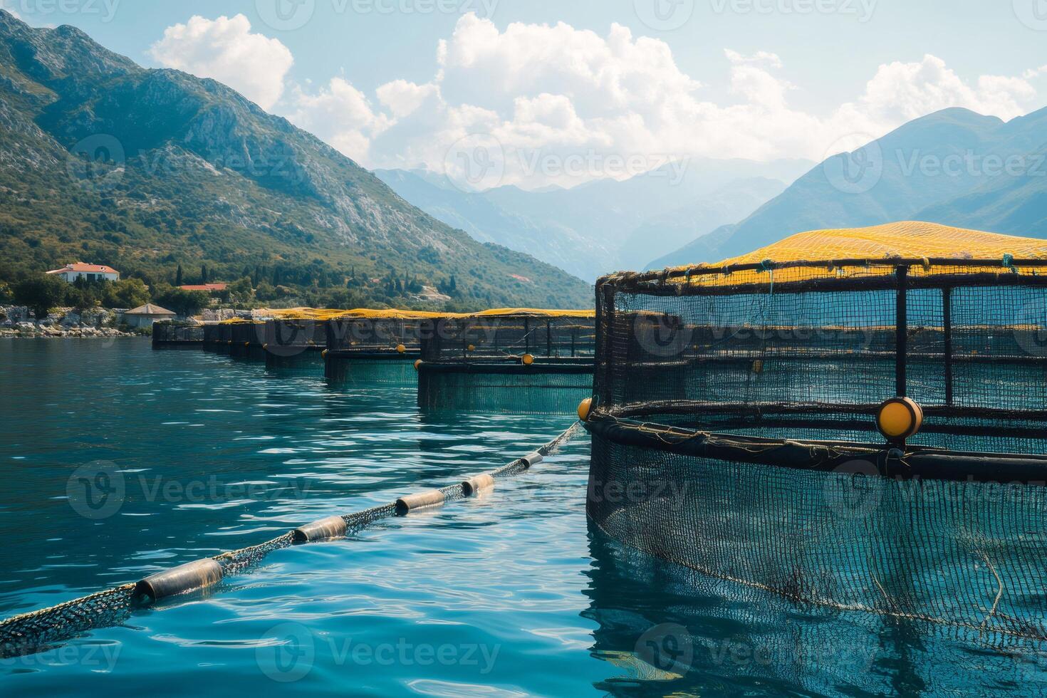 Fish farm in the bay of kotor showing aquaculture cages for fish farming photo