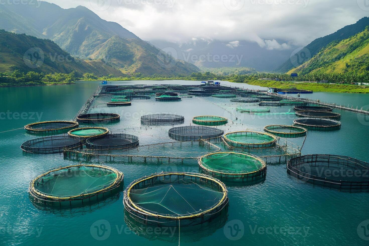 Circular fish farms floating in a lake surrounded by mountains photo