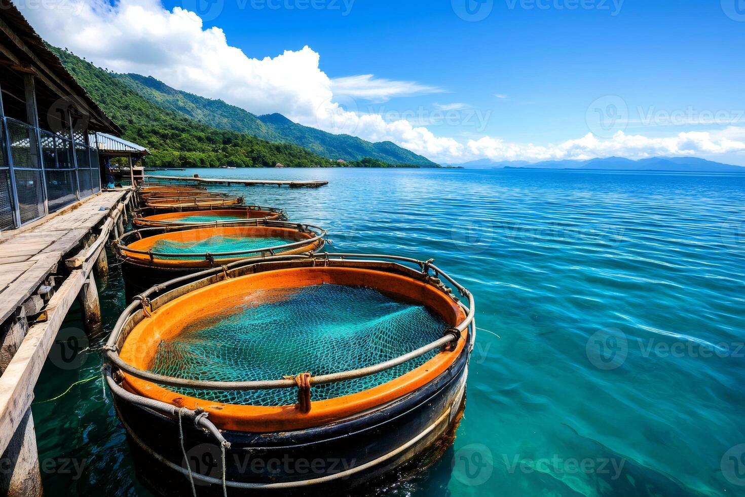 Round fish farms floating in the calm ocean on a sunny day photo