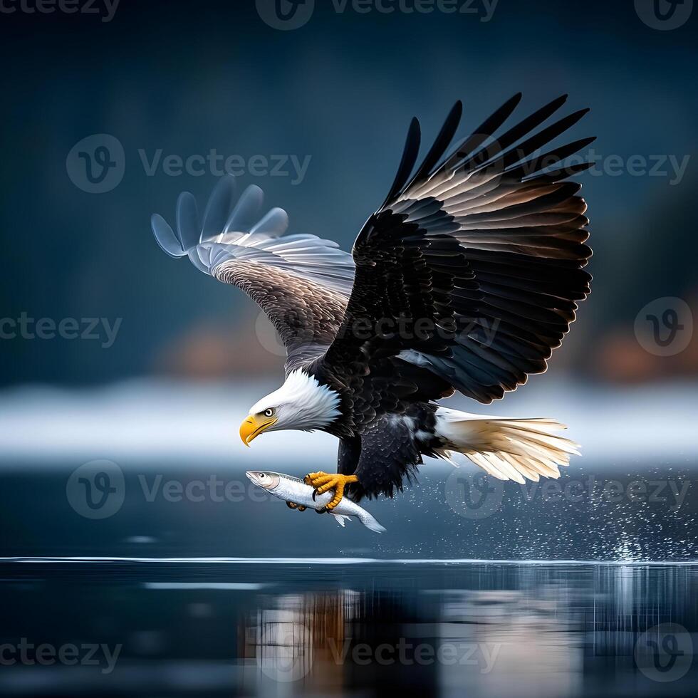 Majestic bald eagle catching fish in flight over water photo