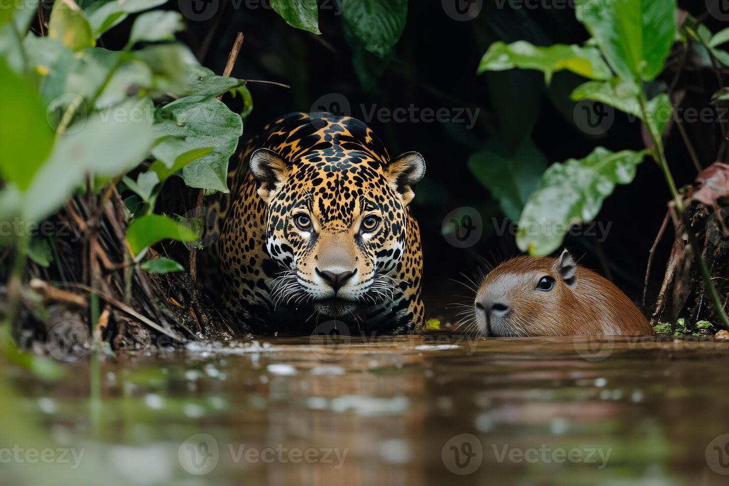 Jaguar and capybara sharing the river in the amazon rainforest photo