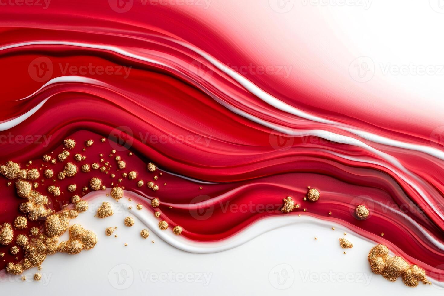 Red and white paint mixing with golden bubbles creating abstract pattern photo