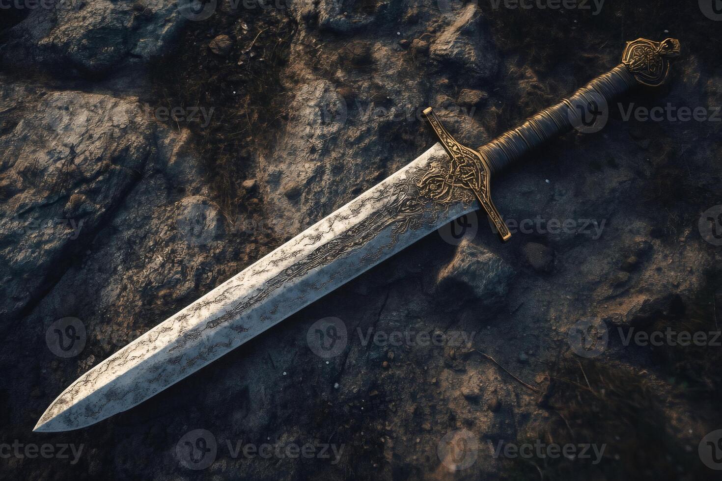 Medieval fantasy sword resting on rocky ground photo