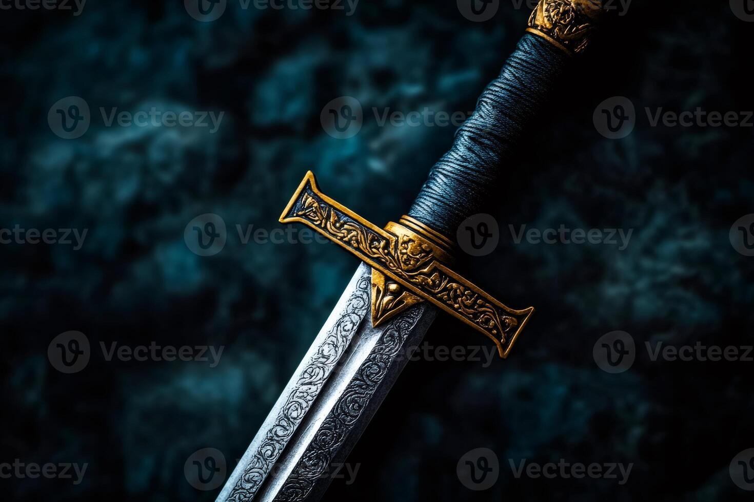 Medieval fantasy sword resting on dark stone background photo