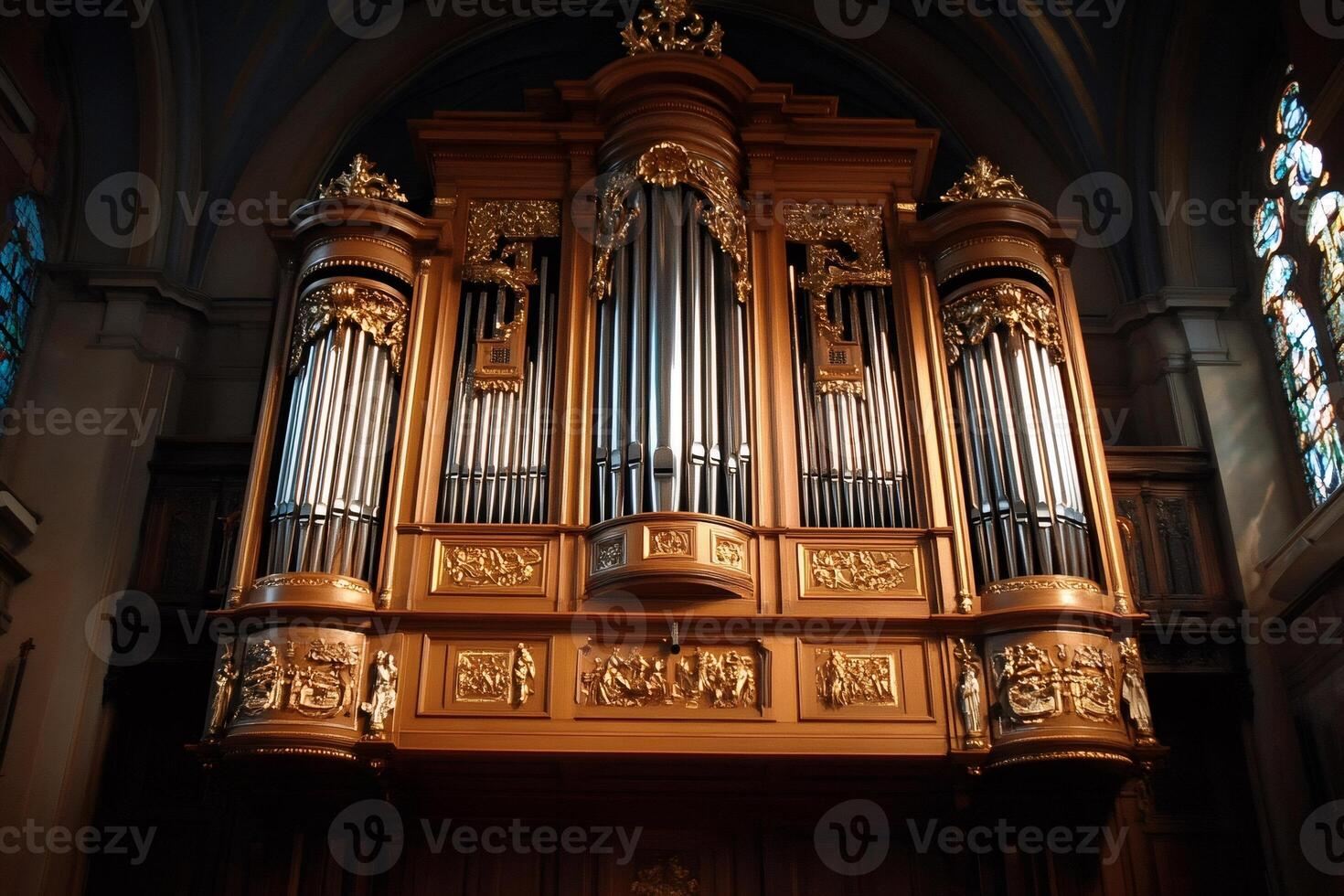 Majestic organ pipes dominating church interior with stained glass window. photo