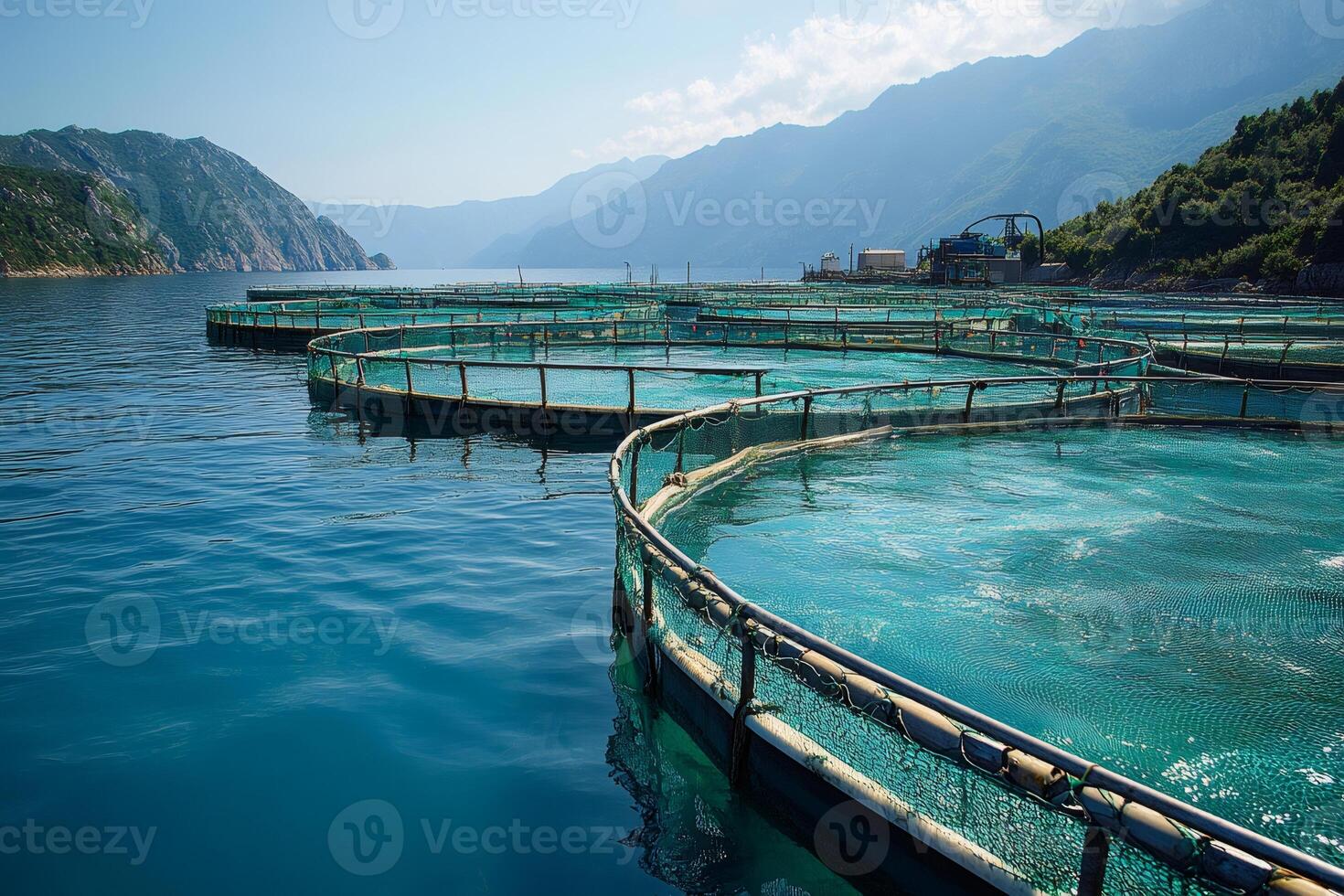 Fish farm in the sea surrounded by mountains cultivating sustainable seafood photo