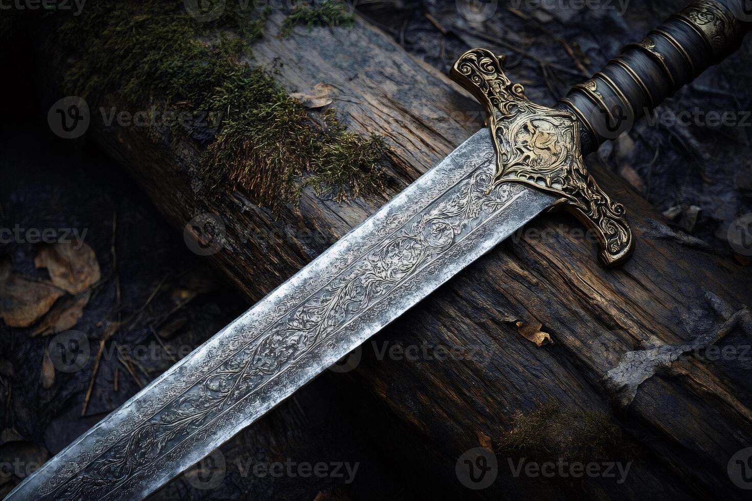 Medieval sword resting on mossy log in a forest setting photo