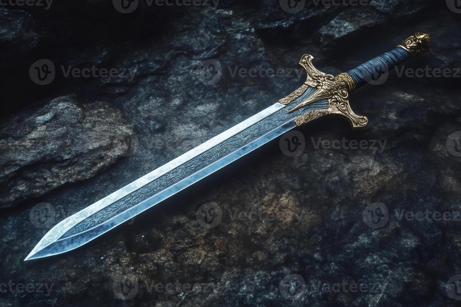 Medieval fantasy sword resting on dark stone surface photo