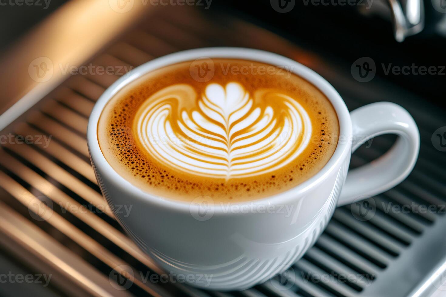 Coffee machine preparing latte art coffee with flower design photo