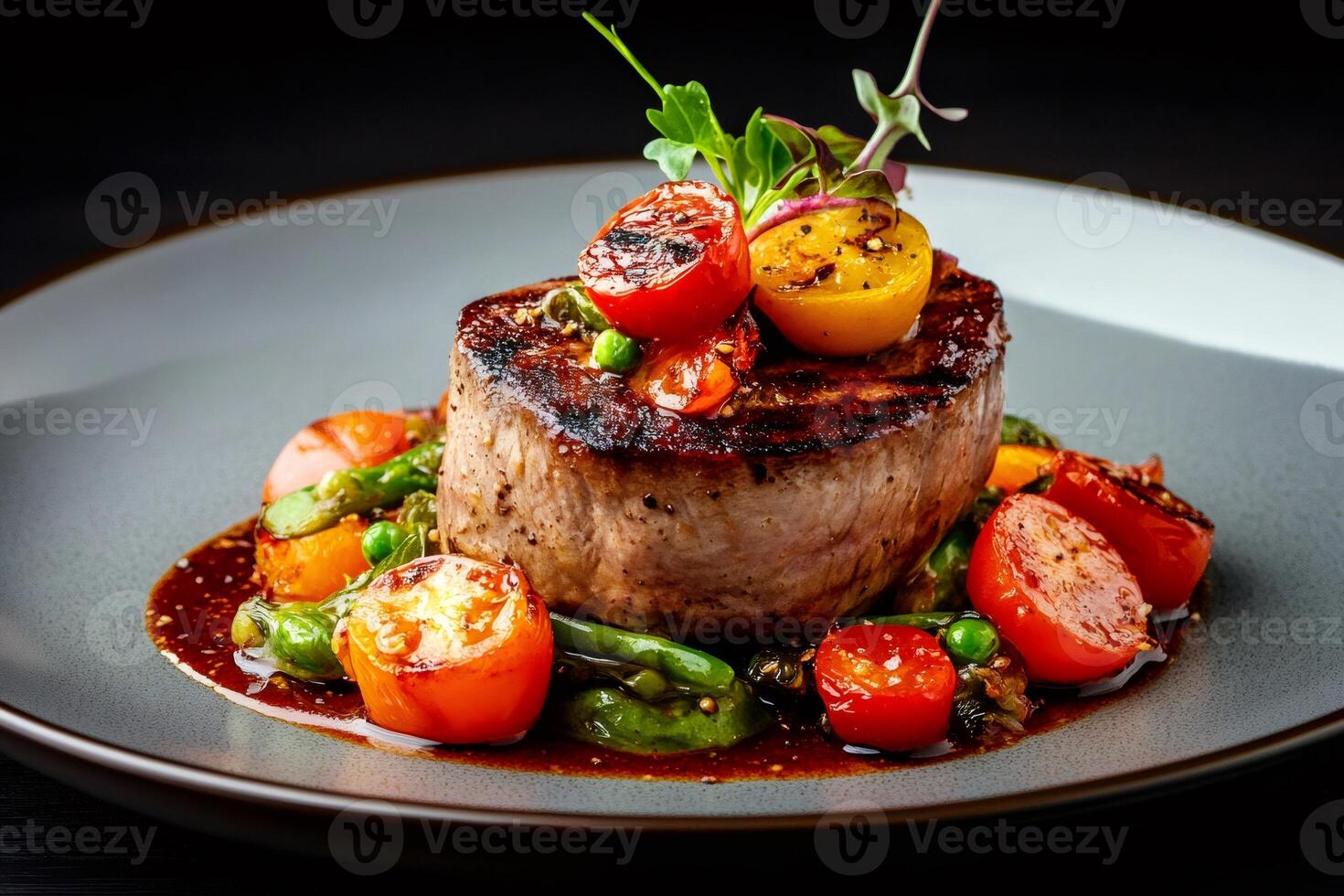 Grilled beef fillet steak with asparagus, peas and cherry tomatoes on elegant plate photo