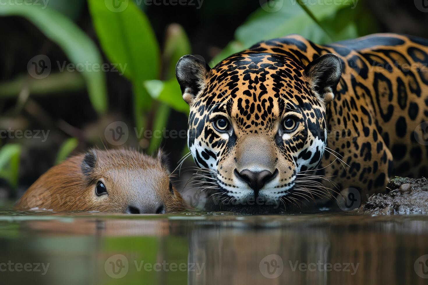 Jaguar and capybara sharing a peaceful moment in the amazon rainforest photo